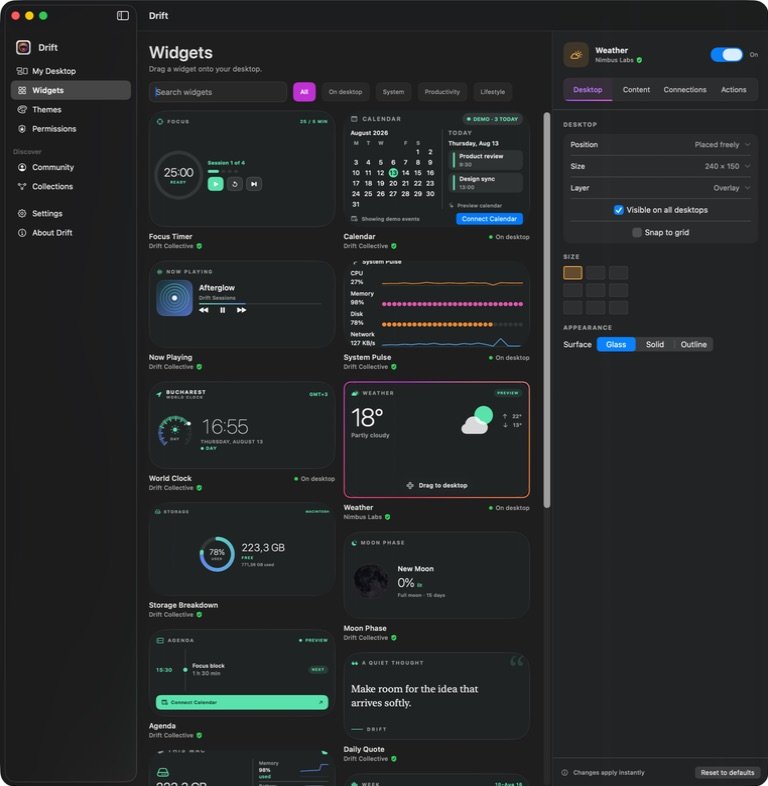 The Widgetscape widget library rendering live widgets
